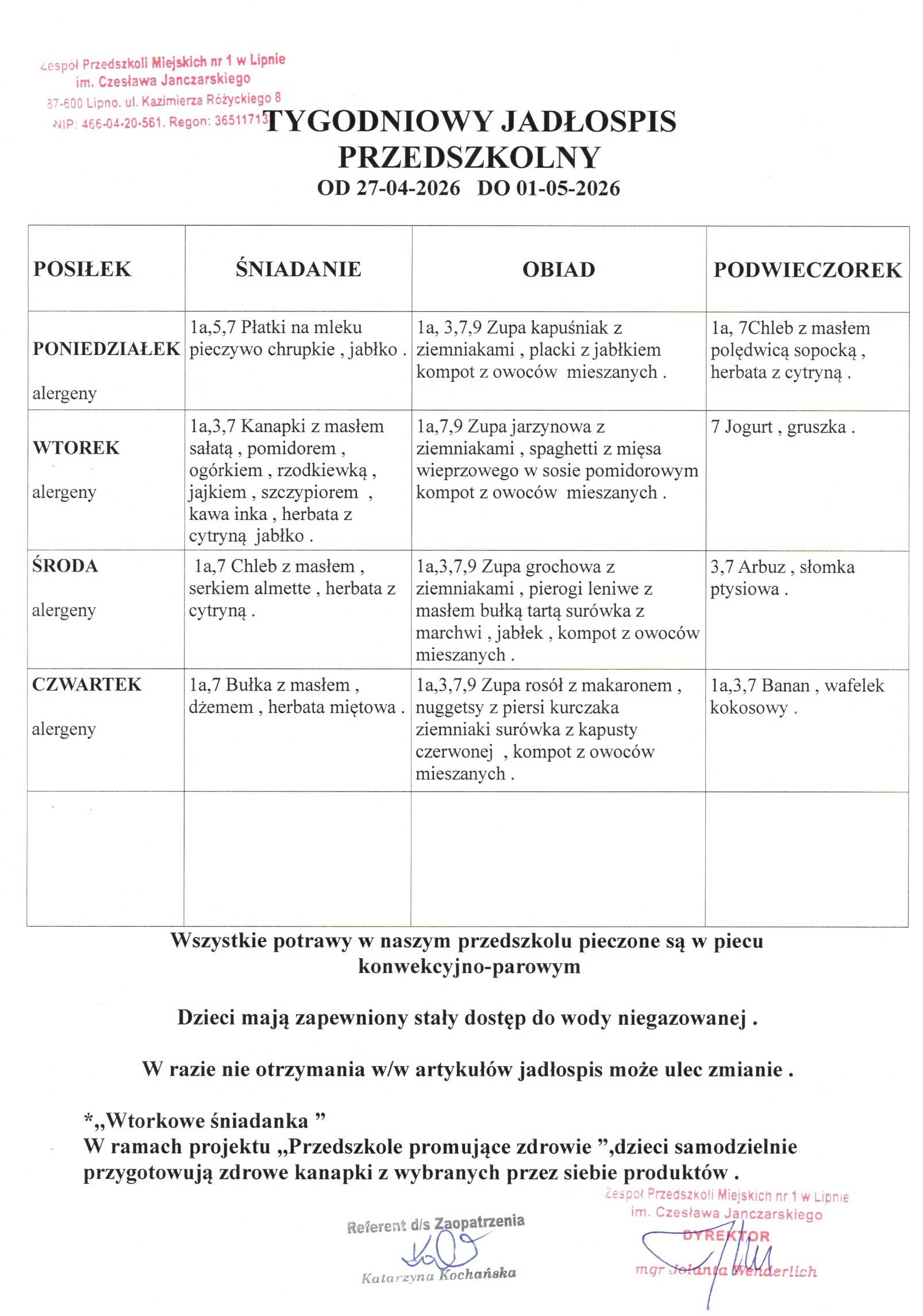 Jadłospis od 27.04 do 30.04